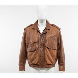 Vintage G-III Global Identity Leather Bomber Flight Jacket XXL 2XL JFK Newspaper